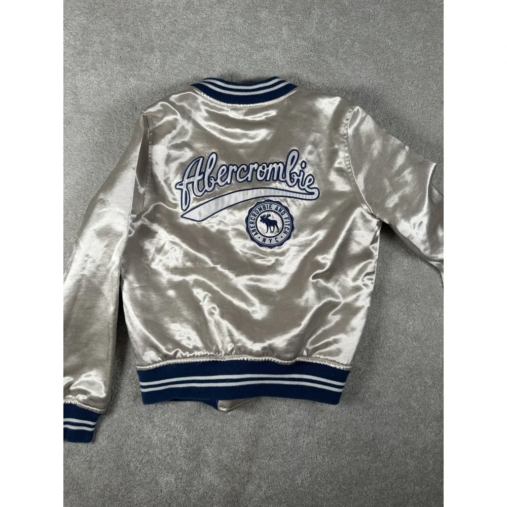 Abercrombie Kids Metallic Bomber Satin Jacket Gold Silver Blue Varsity Snap 9/10